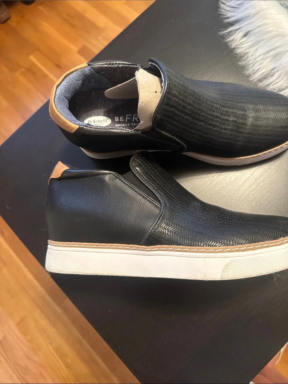 Dr. Scholl's Black Slip-On Wedges with Tan Accent